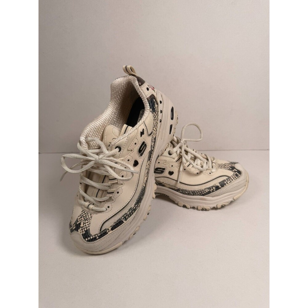 Skechers D'Lites Sneakers W 8.5 Natural Black Snakeskin Tiger Rose Embroidered